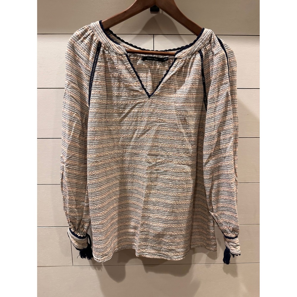 Doe & Rae Women Striped Boho V-Neck Blouse Navy Lace Trim Tassel Cuffs Small